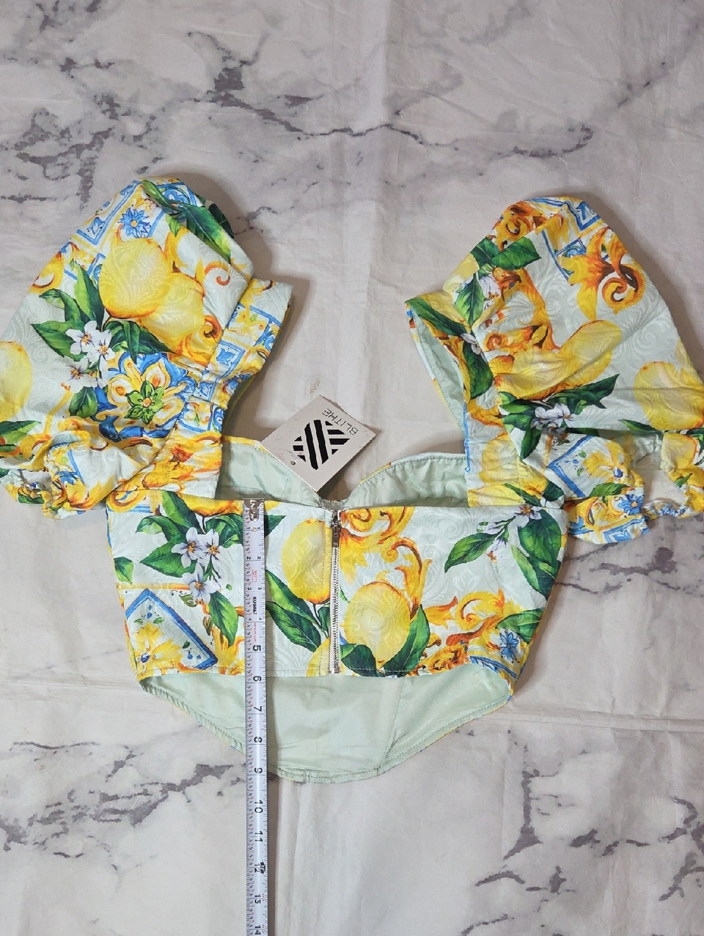 Blithe Yellow Print Puff Sleeve Cropped Blouse - Picture 7 of 7